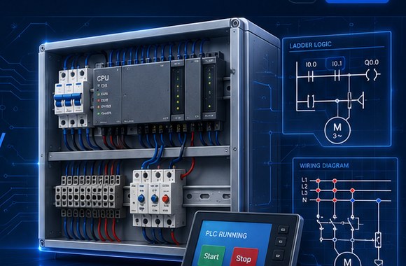 Electrical panel with PLC, breakers, contactors, and HMI screen