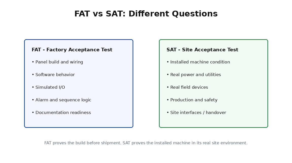 Simplified commissioning training diagram for FAT, SAT and Acceptance Criteria