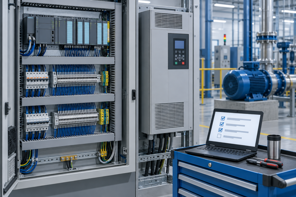 Industrial control cabinet with PLC, terminal blocks, motor drive and commissioning laptop