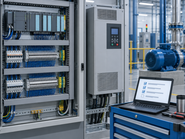 Industrial control cabinet with PLC, terminal blocks, motor drive and commissioning laptop