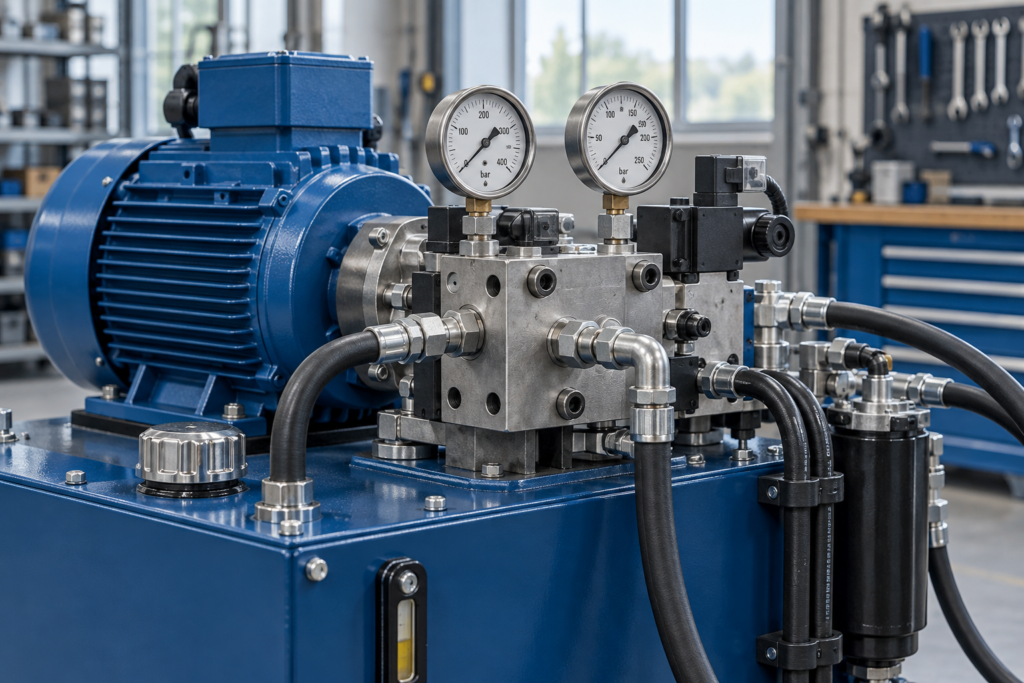 Hydraulic power unit with manifold, pressure gauges, hoses and blue electric motor