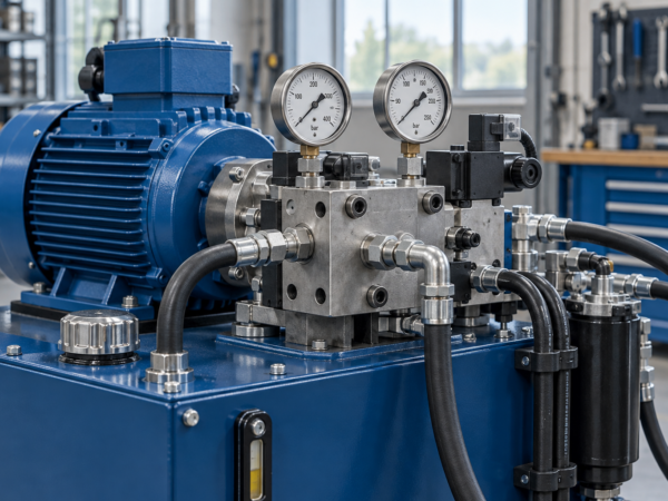 Hydraulic power unit with manifold, pressure gauges, hoses and blue electric motor