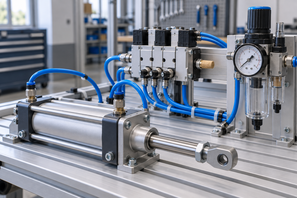 Pneumatic cylinder, blue air tubing, valve manifold and filter regulator on a training bench
