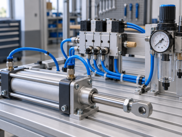 Pneumatic cylinder, blue air tubing, valve manifold and filter regulator on a training bench