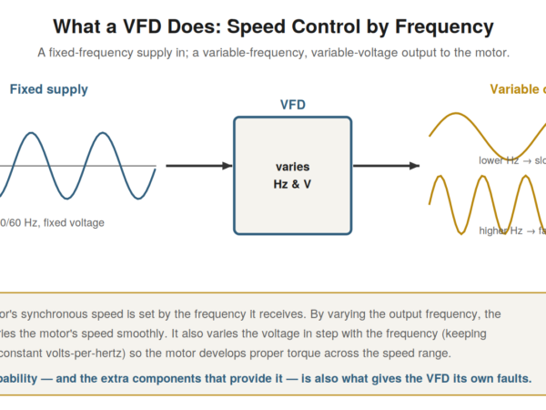 What a VFD does: fixed-frequency supply in, variable-frequency variable-voltage output to the motor